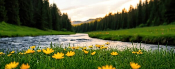 Poster - Riverside scenes nature concept. Tranquil river scene surrounded by blooming yellow flowers and lush green grass.