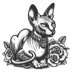 Wall Mural - Sphynx cat surrounded by roses, mystical symbols, and radiant lines, blending elegance and mystery sketch engraving generative ai raster illustration. Scratch board imitation. Black and white image.