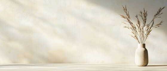 Poster - Neutral minimal background with ceramic vase and dried grass on textured surface