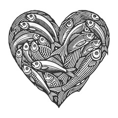 Wall Mural - Heart shape symbol made of fish sketch engraving generative ai raster illustration. Scratch board imitation. Black and white image.