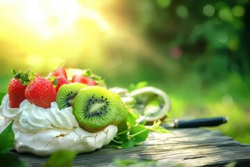 Wall Mural - Pavlova (New Zealand/Australia) A large pavlova topped with whipped cream, kiwi slices, strawberries, and passion fruit pulp