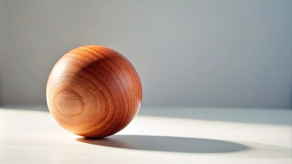 Aufkleber - A perfectly spherical wooden orb rests on a smooth surface, illuminated by soft sunlight casting a gentle shadow