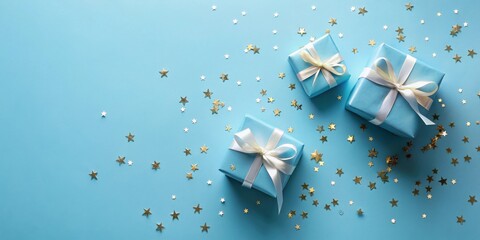 Wall Mural - Three light blue presents with off-white ribbon bows scattered on a light blue background with gold and white star confetti