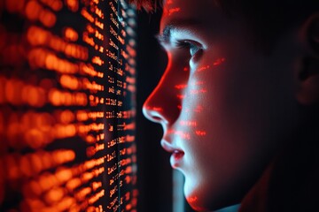 A computer programmer writing the final line of code before terminating a program, with lines of text glowing on the screen