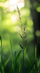 Wall Mural - Sunlit grass stalk in a verdant field, nature's gentle beauty.