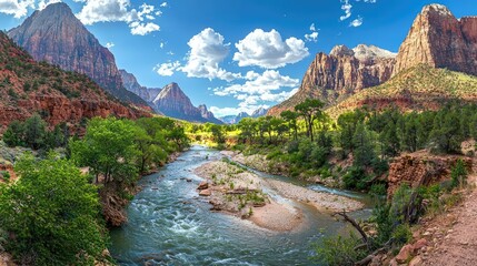 Wall Mural - amidst mountains nature idea. stunning panoramic view of mountains and a serene river in a vibrant n