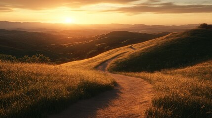 Wall Mural - Sunset hike, winding path, rolling hills, golden hour, travel