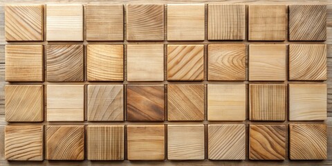 Aufkleber - Wooden Square Tiles Arranged in a Grid Pattern on a Wooden Surface