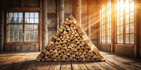 Aufkleber - Rustic Wooden Room with Sunlight Streaming Through Windows and a Large Stack of Firewood in a Triangular Shape