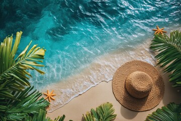 Straw hat and starfish beside clear blue water on a sandy beach surrounded by green foliage during a sunny day