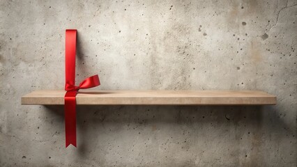 Poster - Empty shelf with a red ribbon bow, perfect for product placement against a textured wall
