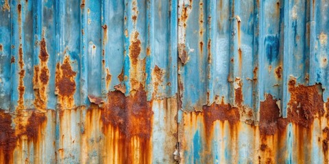 Poster - Rustic Blue and Orange Corrugated Metal Sheet with Extensive Rust and Peeling Paint