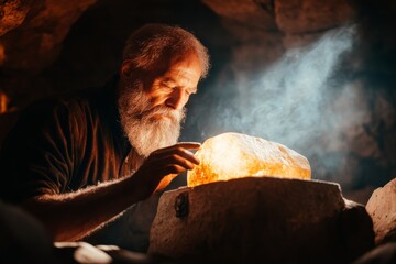 A shadowy figure depositing a mysterious artifact into a chest in an ancient crypt, with eerie shadows and dim torchlight