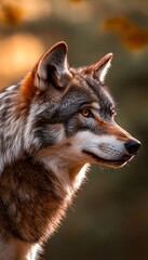  Close up portrait of a wolf highlighting its strong jawline and piercing eyes in gentle light