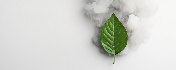 Poster - Greenhouse gas climate change idea. A vibrant green leaf emerges from a soft, smoky background, symbolizing nature's resilience.