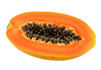 Wall Mural - Half of ripe papaya fruit with seeds isolated on white background, no depth of field, sharp.