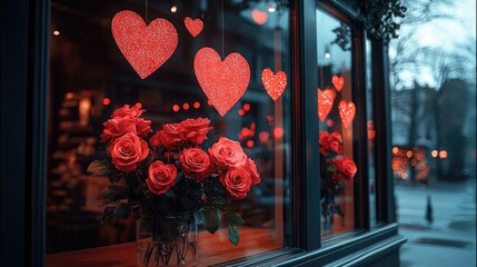 Poster - A store window themed for valentines day with red roses and glitter hearts. exterior.