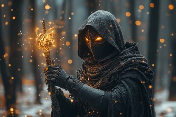 A wizard holding a magical staff that changes shape into different weapons and tools, glowing with an ethereal light, symbolizing versatility in magic