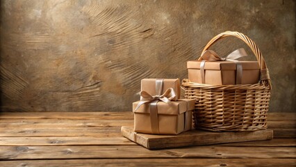 Poster - Rustic brown gift boxes with elegant ribbons displayed in a wicker basket on a wooden surface