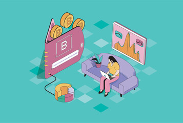 Fototapete - Bitcoin wallet web concept in 3d isometric graphic design. Isometry people scene with woman mining cryptocurrency, buying or selling virtual btc money, earning profit online. Vector illustration.
