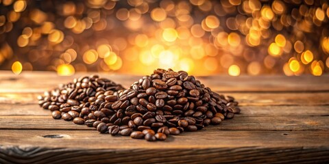 Sticker - Roasted coffee beans arranged in a heart shape on rustic wood with a bokeh background