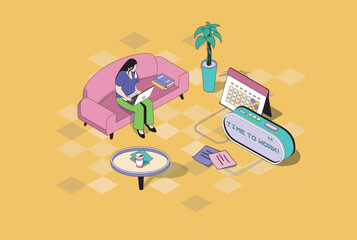 Fototapete - Freelance work web concept in 3d isometric graphic design. Isometry people scene with woman working as freelancer at home office, doing tasks indoors and communicating online. Vector illustration.