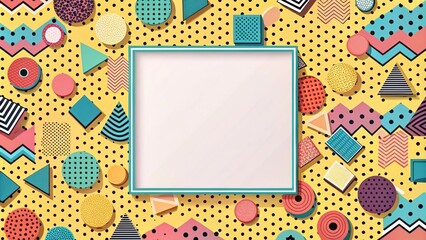 Poster - Bright Yellow Background with Geometric Shapes and Blank Square Frame for Design Projects