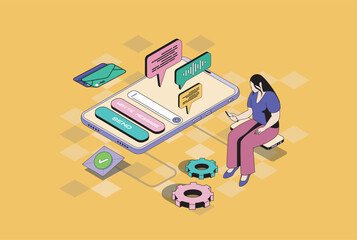 Fototapete - Messaging services web concept in 3d isometric graphic design. Isometry people scene with woman using mobile app for sending emails, chatting with friends, commenting online. Vector illustration.