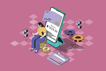 Fototapete - Mobile banking web concept in 3d isometric graphic design. Isometry people scene with woman using app for online secure payments, credit card transfers and financial management. Vector illustration.