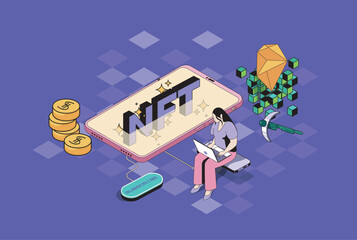 Fototapete - NFT token web concept in 3d isometric graphic design. Isometry people scene with woman buying virtual art paintings and electronic crypto artworks at online gallery marketplace. Vector illustration.