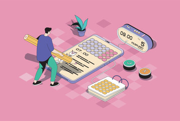 Fototapete - Planning web concept in 3d isometric graphic design. Isometry people scene with man managing time using mobile calendar, working with task list with deadline, reminders and notes. Vector illustration.