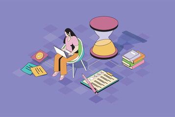Poster - Time management web concept in 3d isometric graphic design. Isometry people scene with woman planning tasks and working time, using checklists, controlling workflow with deadline. Vector illustration.