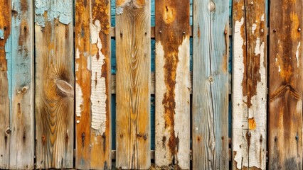 Poster - Rustic Weathered Wooden Fence Panels with Peeling Paint and Natural Wood Grain Texture