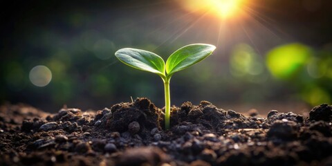 Aufkleber - A tiny sprout emerges from rich soil, bathed in the warm glow of sunrise, symbolizing new growth and the promise of a bountiful harvest.