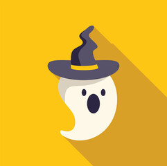 Sticker - Funny ghost wearing witch hat celebrating halloween, simple minimal flat design