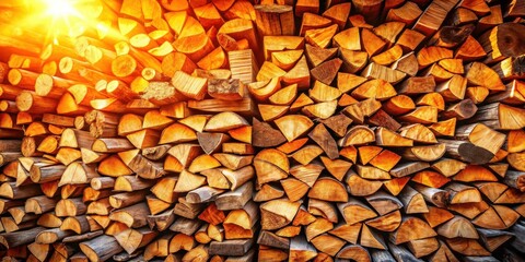 Poster - Warm Sunlight Illuminates a Stack of Beautifully Sawn Wood Logs