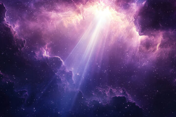 Wall Mural - Heavenly light breaking through space clouds, illuminating the cosmic expanse.