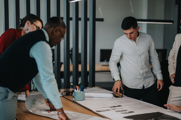 Sticker - Diverse group of business professionals brainstorming and analyzing project plans in a modern office setting. They are focused on collaboration, teamwork, and strategizing to solve tasks efficiently.