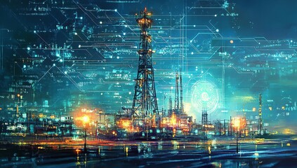 Wall Mural - A miniature oil painting depicting a digital technology background with glowing data streams