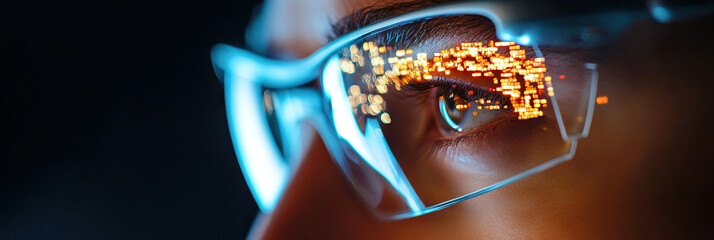 Human Eye with Digital Code Reflected in Transparent Glasses