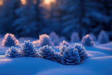 Canvas Print - Frost-covered pinecones in a snowy winter forest bathed in the soft glow of sunrise.