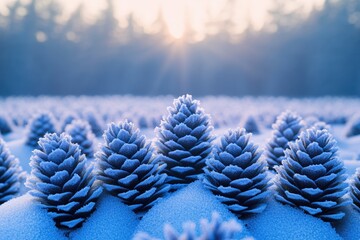 Canvas Print - Frost-covered pine cones in a snowy forest bathed in sunrise light.