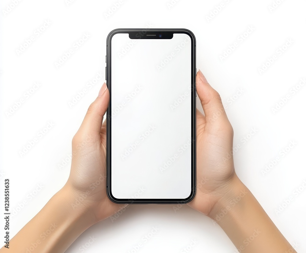 Two hands hold a black smartphone with a blank white screen against a ...