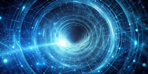Poster - Abstract swirling blue energy vortex tunnel representing digital data flow and infinite possibilities