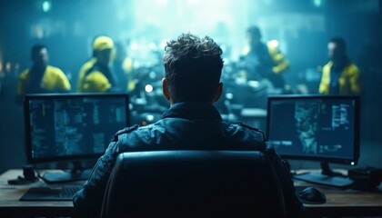 Wall Mural - a man sits at a desk, back to the camera, facing two computer monitors displaying complex data. a di