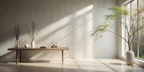 Aufkleber - Serene minimalist interior design with sunlight streaming through a large window, showcasing a wooden table with vases and decorative objects