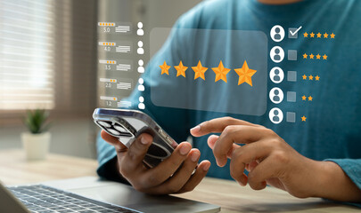 Wall Mural - customer satisfaction feedback survey, man using laptop for online reviews and ratings to evaluate s