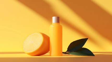 Canvas Print - Citrus shampoo bottle sunlight yellow background product photography