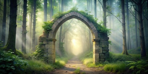Leinwandbilder - Mystical Stone Archway Leading to a Sunlit Path Through an Enchanting Forest