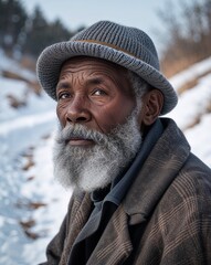 Wall Mural - Winter portrait elderly black African man thoughtful gray beard woolen hat snow covered trail background